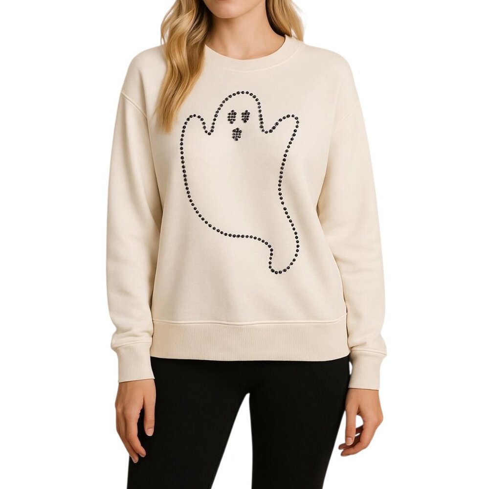 Jane Delancey Women's Cream Rhinestone Ghost Long Sleeve Top Size L NWOT